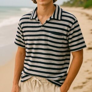 H&M Striped Terrycloth Polo Shirt Mens Medium Navy Gray Retro Beach Resort Y2K